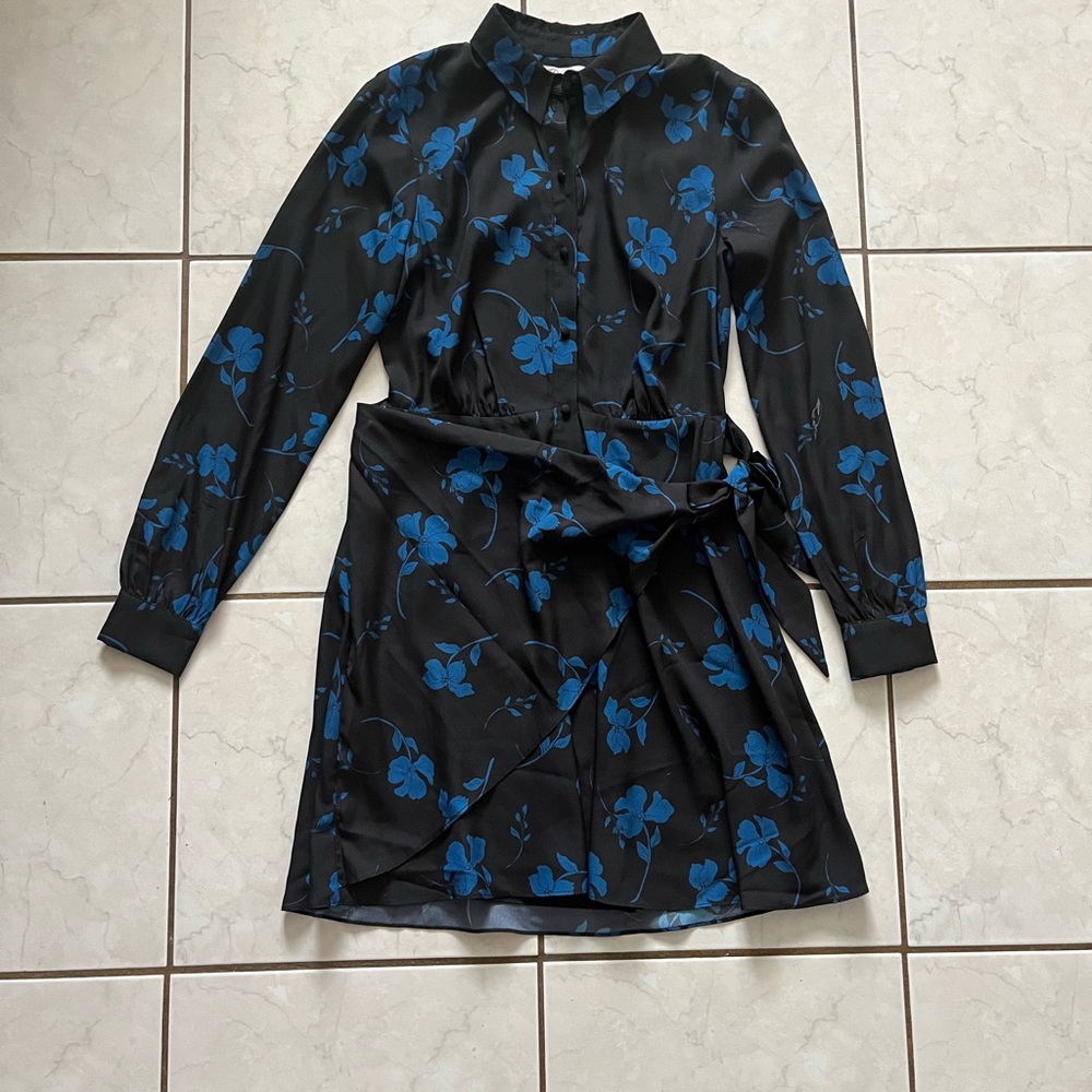 Parker Blue and Black Long Sleeve Shirt Dress with Notched Collar
